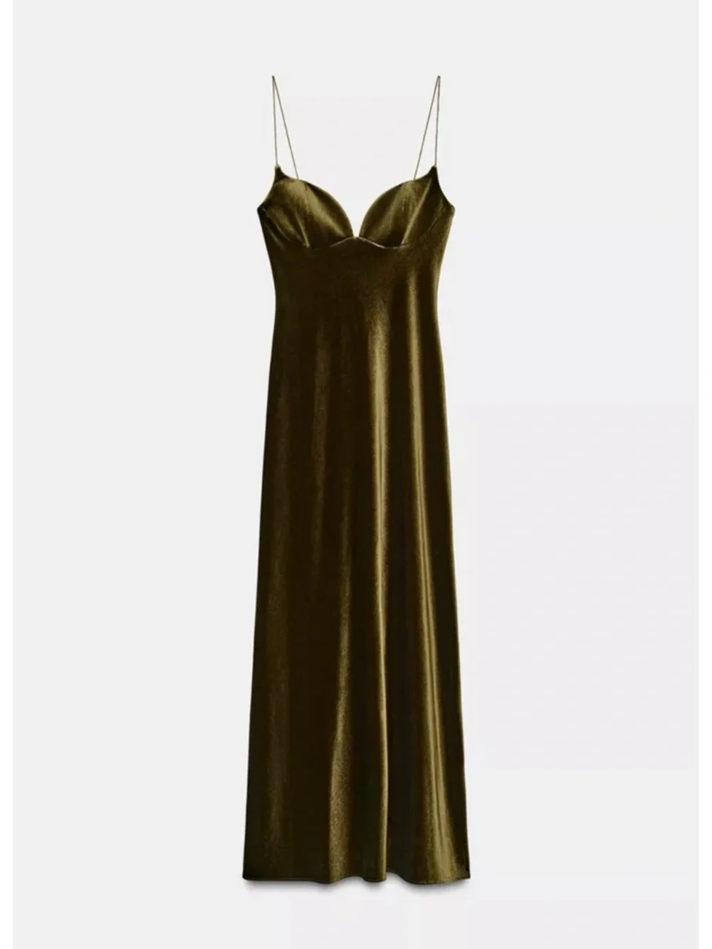 New Zara Olive Green Velvet Slip Gown - Spaghetti Strap Maxi - Picture 2 of 3